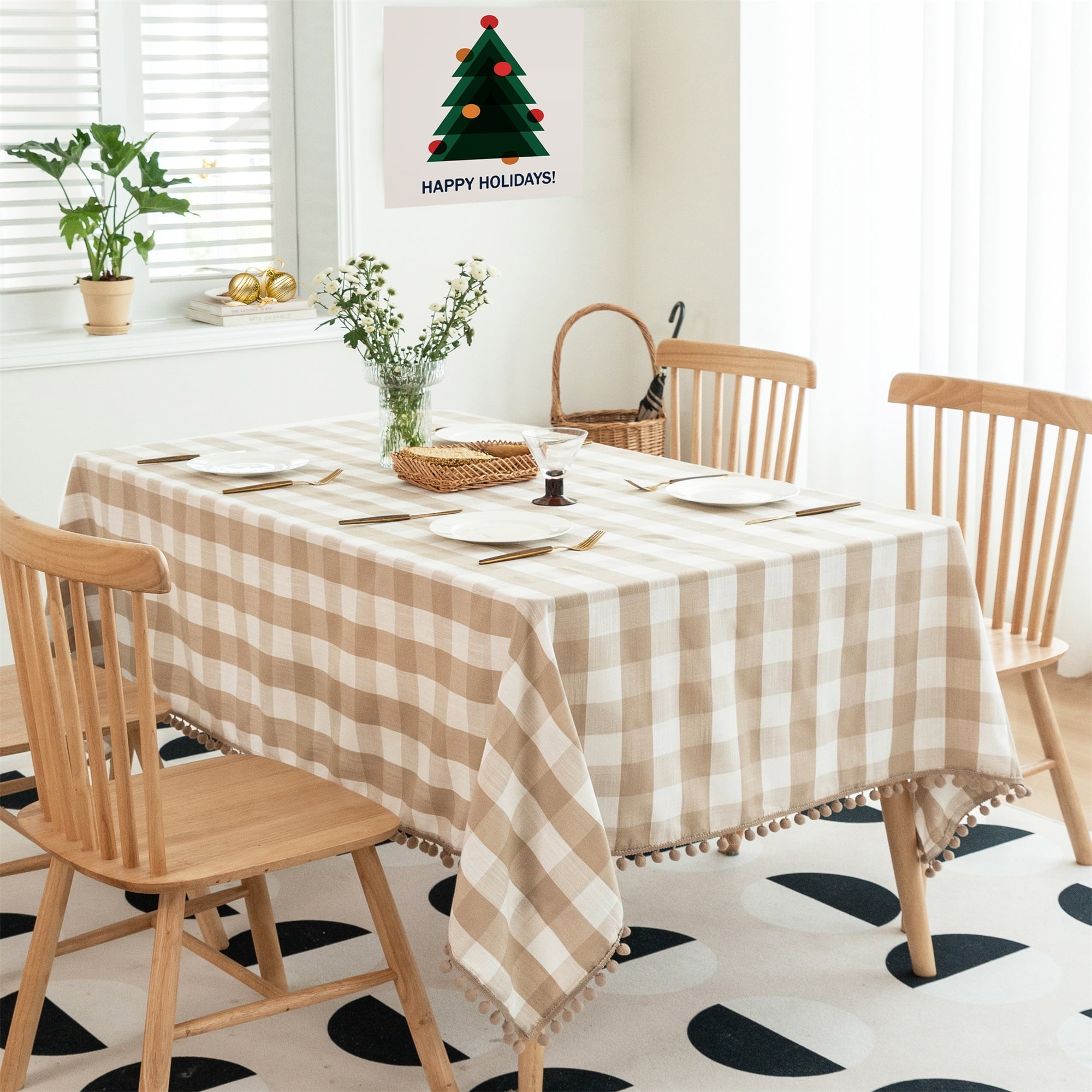 "Flowpartex Farmhouse 54""Wx84""L Checkered Tablecloth, Linen, Beige ...