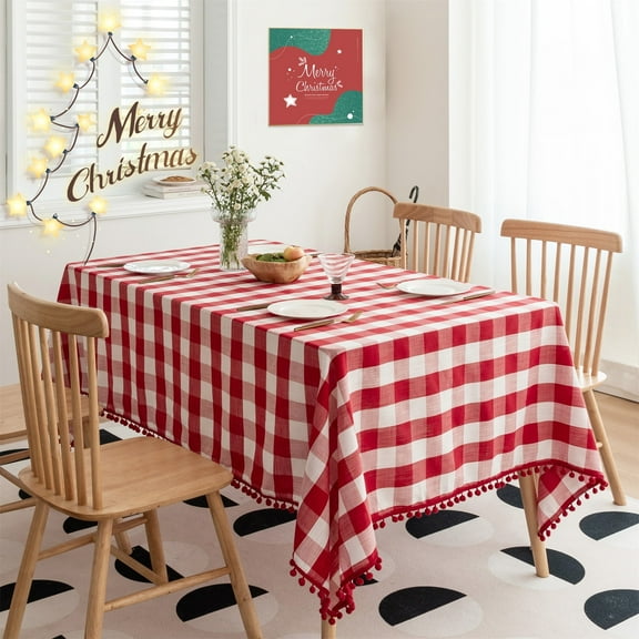 Flowpartex Farmhouse Pompom Checkered Rectangle Linen Tablecloth Christmas Buffalo Plaid Table Cover with Tassel for Kitchen Restaurant Home Decor, 120"L x 60"W Oblong Table Cover, Red and White