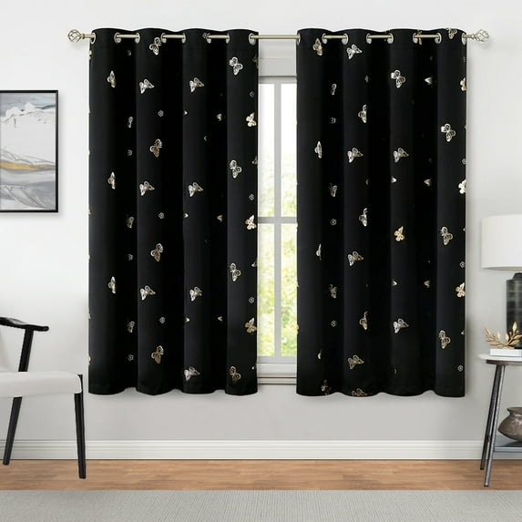 Flowpartex Gold Butterfly Blackout Curtains 2 Panels 54"L×52"W for Nursery Kids Bedroom Black&Metallic Foil Floral Print Grommet Top Window Drapes for Living Room