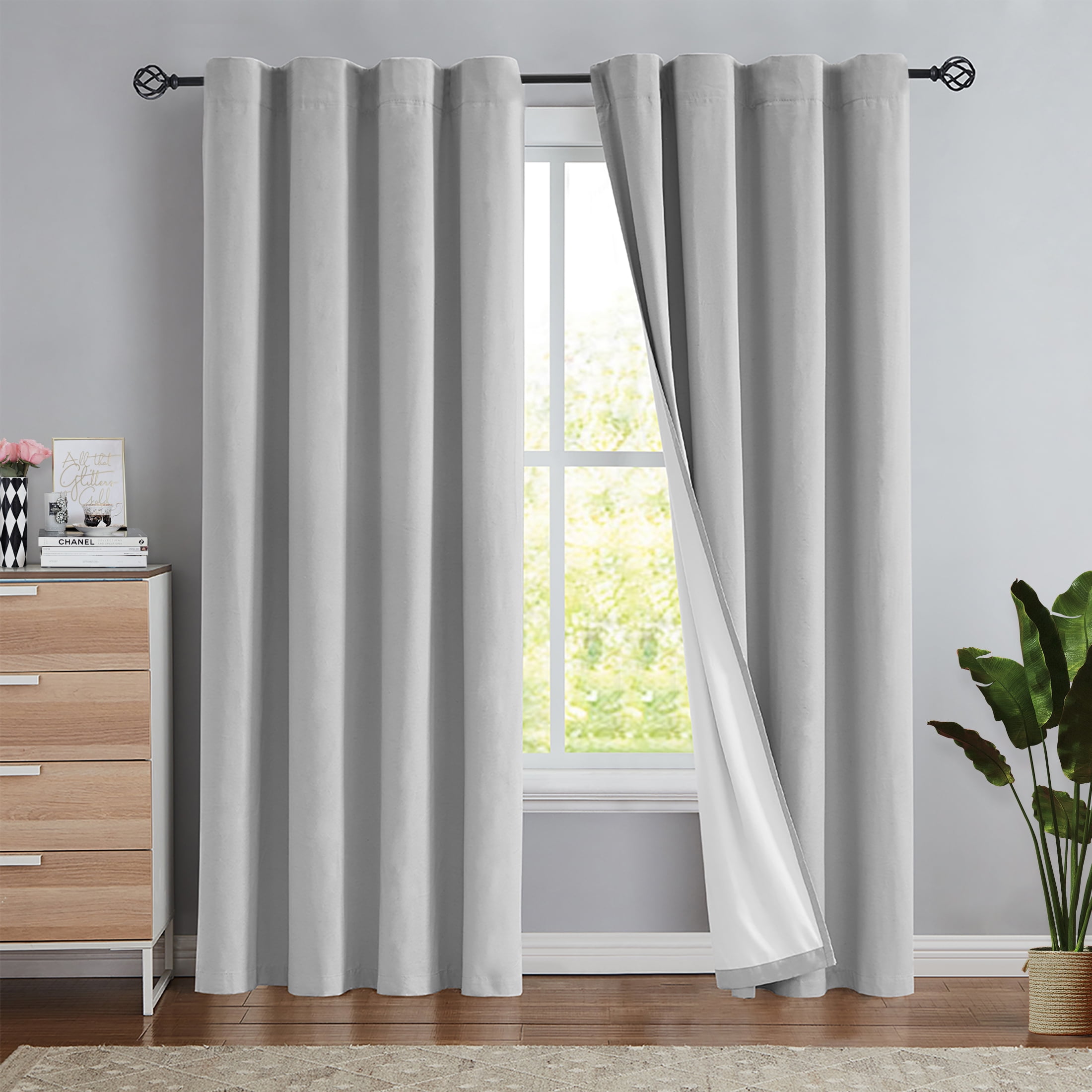 Flowpartex Gray Linen Full Blackout Solid Curtains 2 Pcs Thermal Insulated Backtab Rod Pocket Noise Reducing Drapes for Bedroom, 95"L×54"W