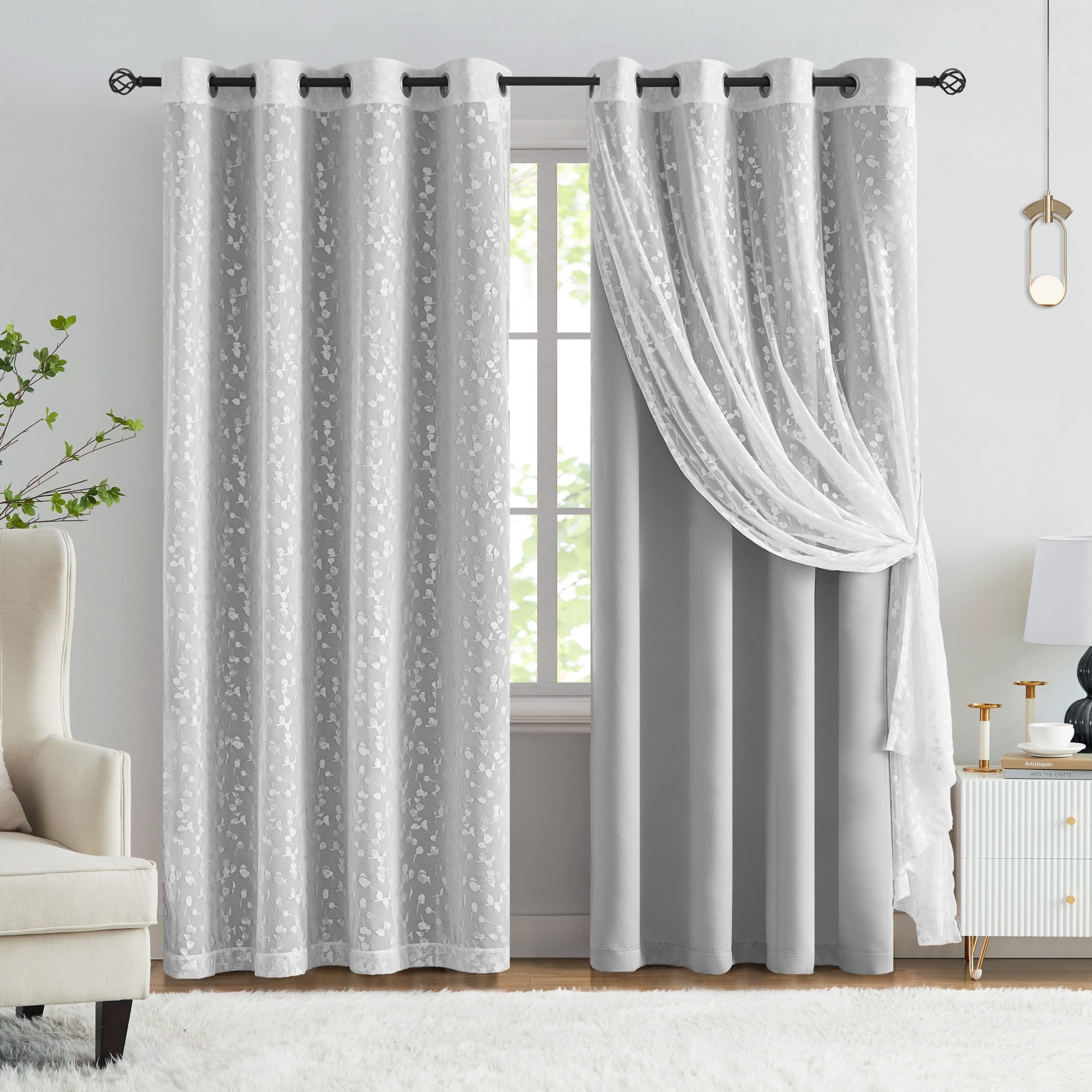 Flowpartex Gray White Mix Matched Full Blackout Curtains with Lace Leaf Sheer 4 Window Sheer Panels for Modern Bedroon Living Room Decor, 52" W x 95" L