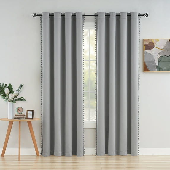 Flowpartex Grey Pom Pom Blackout Curtains Room Darkening Grommet Solid Window Drapes for Bedroom, 52"W x 84"L 2 Panels