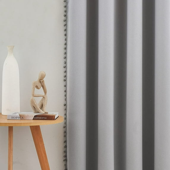 Flowpartex Grey Solid Pom Pom Blackout Curtains Room Darkening Grommet Window Drapes 2 Panels for Bedroom, 52"W x 95"L