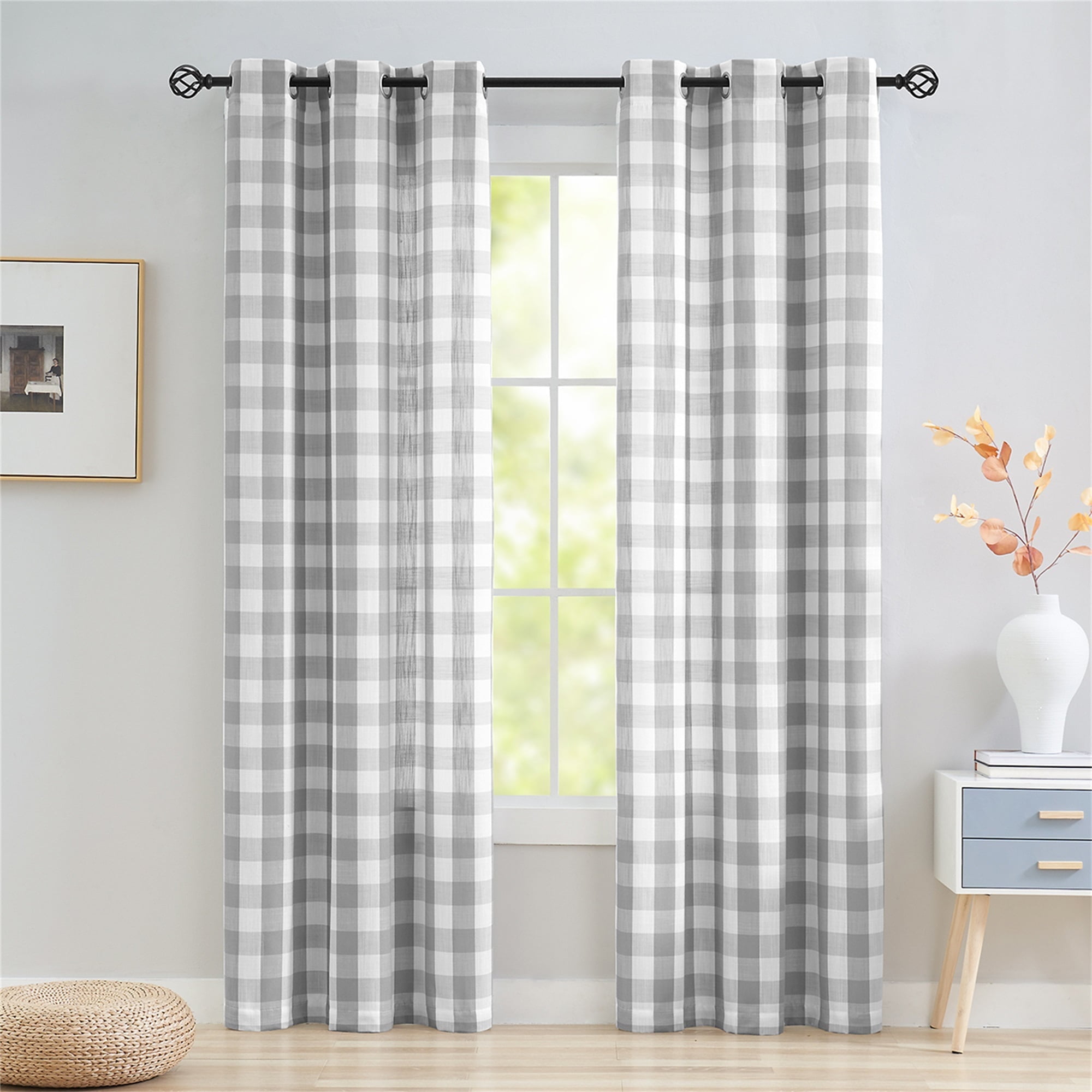 Flowpartex Grey and White Plaid Textured Christmas Semi Sheer Curtains Buffalo Check Drapery Farmhouse Grommet Top Window Drapes for Living Room Bedroom, 40"Wx95"L 2 Panels