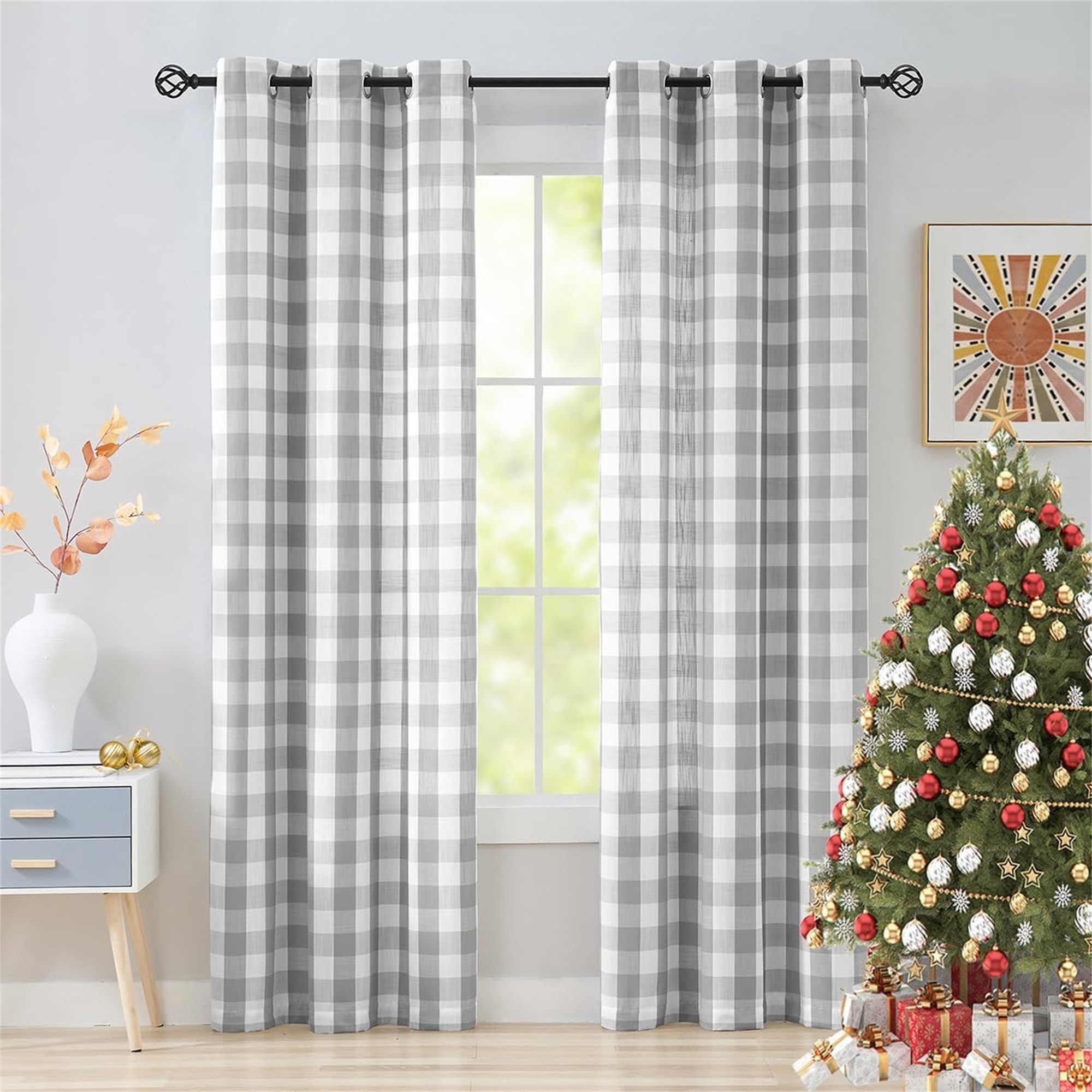 Flowpartex Grey and White Plaid Textured Christmas Semi Sheer Curtains