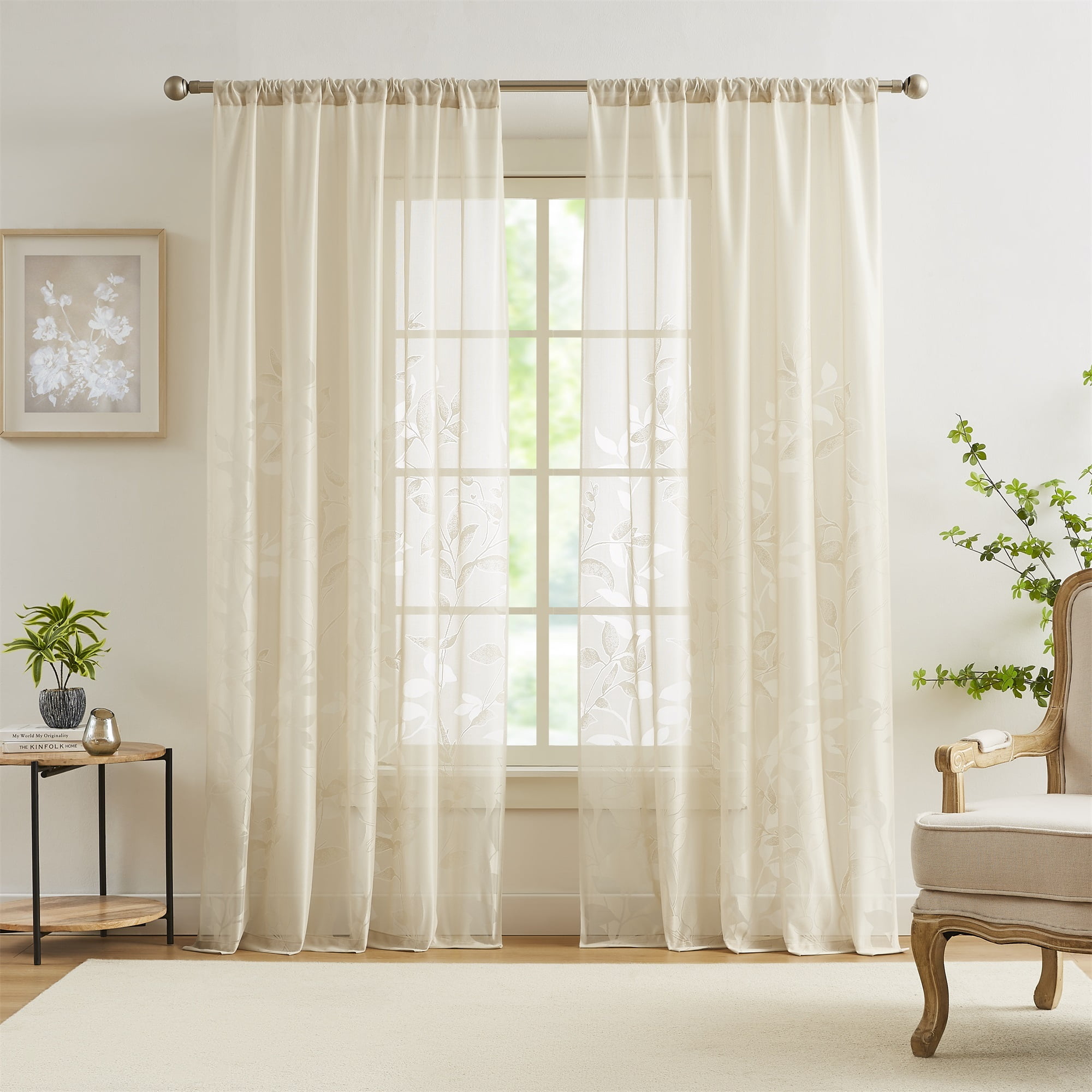 Flowpartex Leaf Lace Sheer Curtains for Bedroom Beige Botanical Leaf Knitted Lace Curtain Rod Pocket Light Filtering Drapes,52" Wx84"L,2 Panels