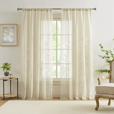 Flowpartex Leaf Lace Sheer Curtains for Bedroom Beige Botanical Leaf Knitted Lace Curtain Rod Pocket Light Filtering Drapes,52" Wx84"L,2 Panels