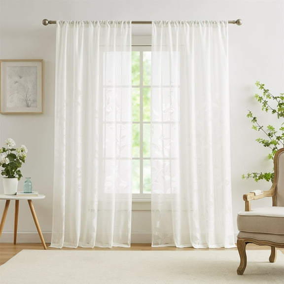 Flowpartex Leaf Lace Sheer Curtains for Bedroom White Botanical Leaf Knitted Lace Curtain Rod Pocket Light Filtering Drapes,52" Wx63"L,2 Panels