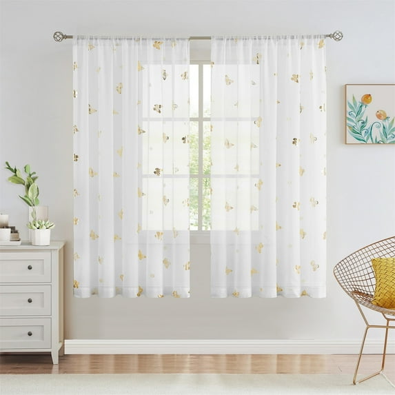 Flowpartex Metallic Butterfly White Sheer Curtain Panels Spring Gold Print Linen Rustic Rod Pocket Window Drapes 63"L×52"W for Girls Bedroom Living Room, 2 Panels