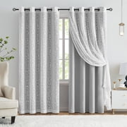 Flowpartex Blackout Grommet Curtains with Lace Leaf Sheer Overlay, Gray, 4 Panels, 52"W x 84"L
