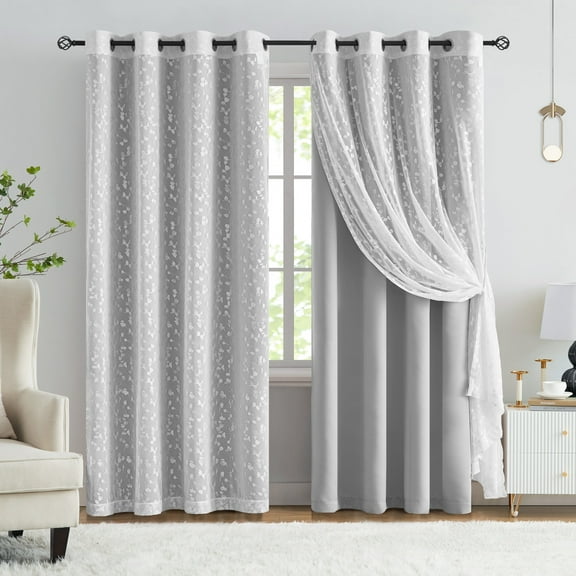 Flowpartex Mix Matach Grommet Full Blackout Window Curtains for Bedroom Lace Leaf Sheer Panels For Living Room, Gray & White, Window Treatment Set of 4,52" W x 84" L
