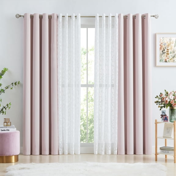 Flowpartex Mix Matach Grommet Full Blackout Window Curtains for Bedroom Lace Leaf Sheer Panels For Living Room, Pink & White, Window Treatment Set of 4,52" W x 84" L
