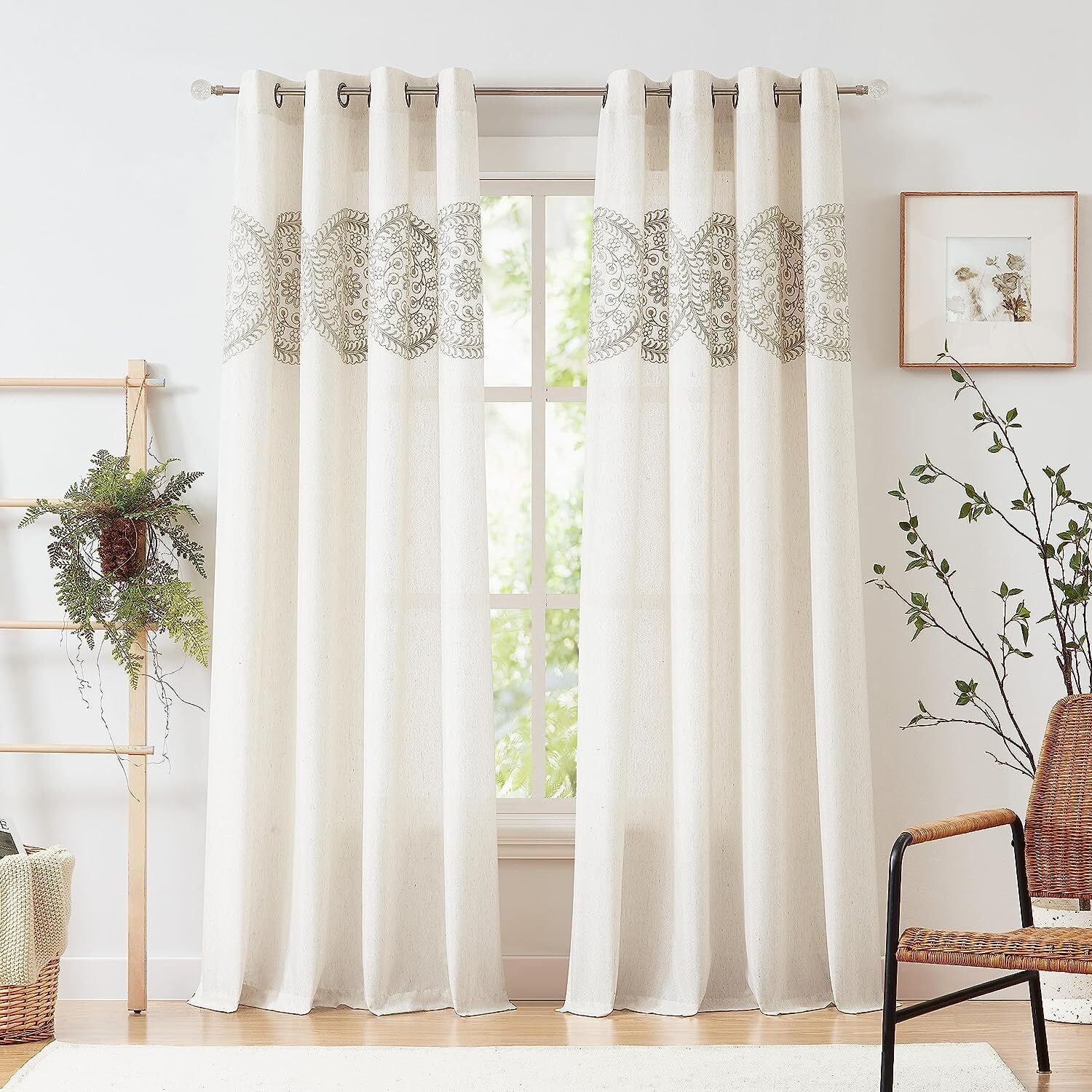 Flowpartex Natural Linen Embroidered Window Curtains 2 Panels