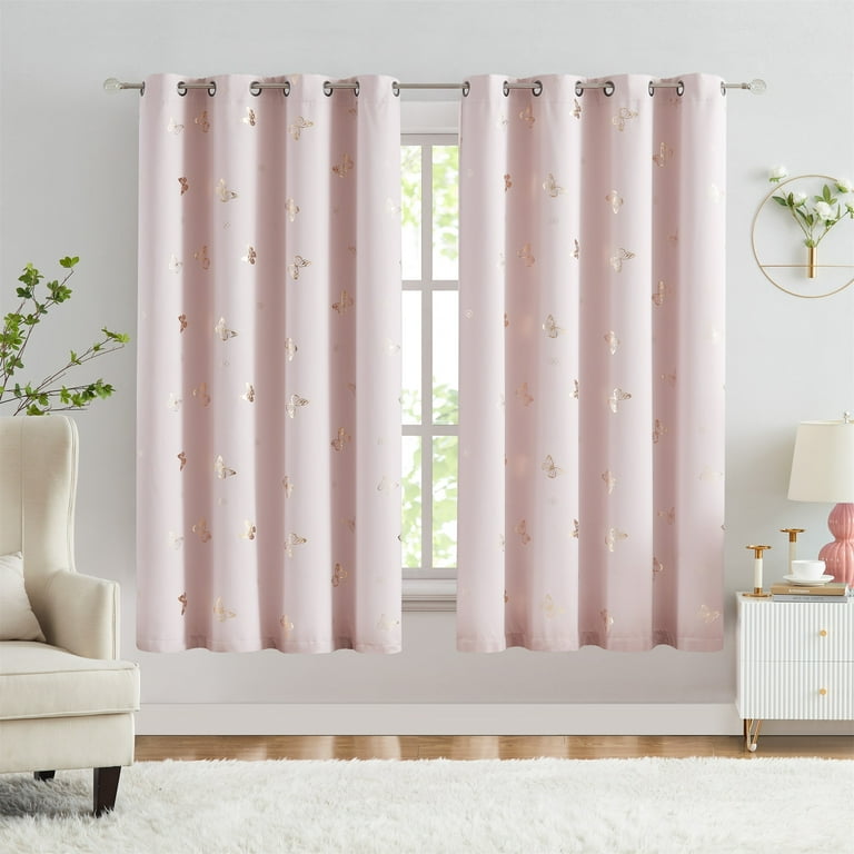 Flowpartex Pink Butterfly Blackout Curtains 2 Panels for Baby Girls Nursery Bedroom Kids Gold Metallic Floral Print Room Darkening Drapes Grommet