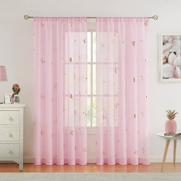 Flowpartex Pink Butterfly Sheer Curtain Panels Metallic Gold Print Drapes for Girls Bedroom Living Room Linen Textured Spring Curtain Rod Pocket Window Treatment Sets, 84"L×52"W Set of 2