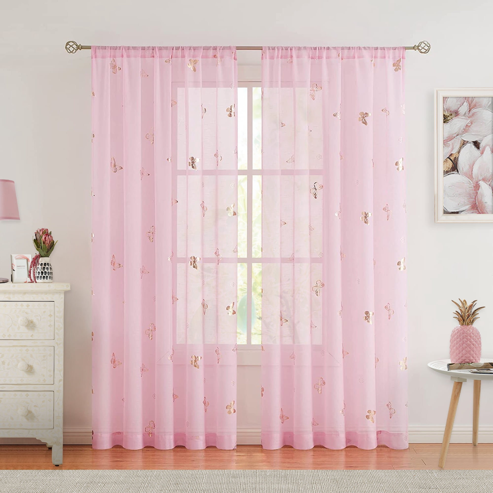 Flowpartex Pink Butterfly Sheer Curtain Panels Metallic Gold Print Drapes for Girls Bedroom Living Room Linen Textured Spring Curtain Rod Pocket Window Treatment Sets, 84"L×52"W Set of 2