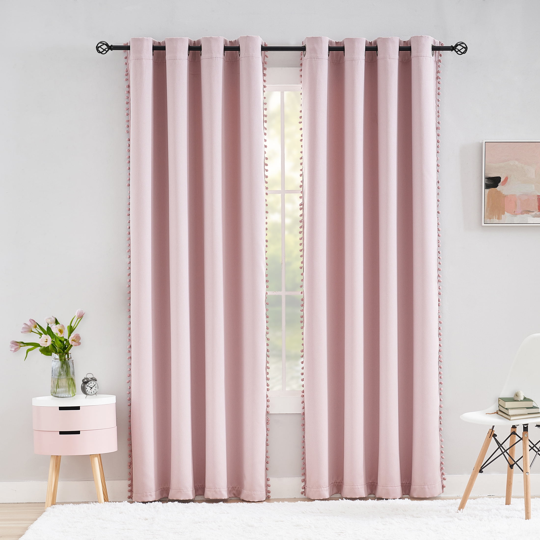 Flowpartex Pink Pom Pom Blackout Curtains for Girls Room 2 Pcs Light Blocking Grommet Drapes for Living Room, 52"Wx95"L