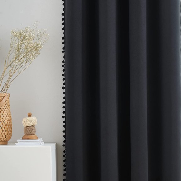 Flowpartex Pom Pom Energy Efficient Blackout Curtains, Set of 2 Solid Grommet Window Drapes for Kids Bedroom Living Room, Light Blocking Thermal Insulated, Black, 52"W x 95"L