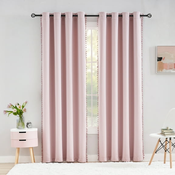 Flowpartex Pom Pom Energy Efficient Blackout Curtains, Set of 2 Solid Grommet Window Drapes for Kids Bedroom Living Room, Light Blocking Thermal Insulated, Pink, 52"W x 84"L