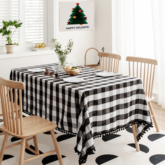 Flowpartex Rectangle Checkered Tablecloth with Pompom Tassel Classic Plaid Wrinkle Resistant Table Cover for Christmas Kitchen Dinning Outdoor, 108"L x 60"W Oblong Table Cover, Black and White