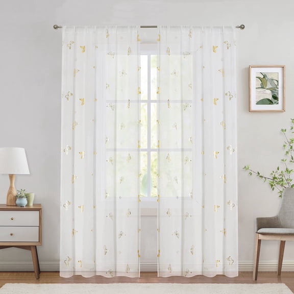 Flowpartex Spring Butterfly White Sheer Curtain Panels Metallic Gold Print Linen Textured Voile Rustic Rod Pocket Drapes 84"L×52"W for Farmhouse, Living Room, Bedroom, 2 Panels