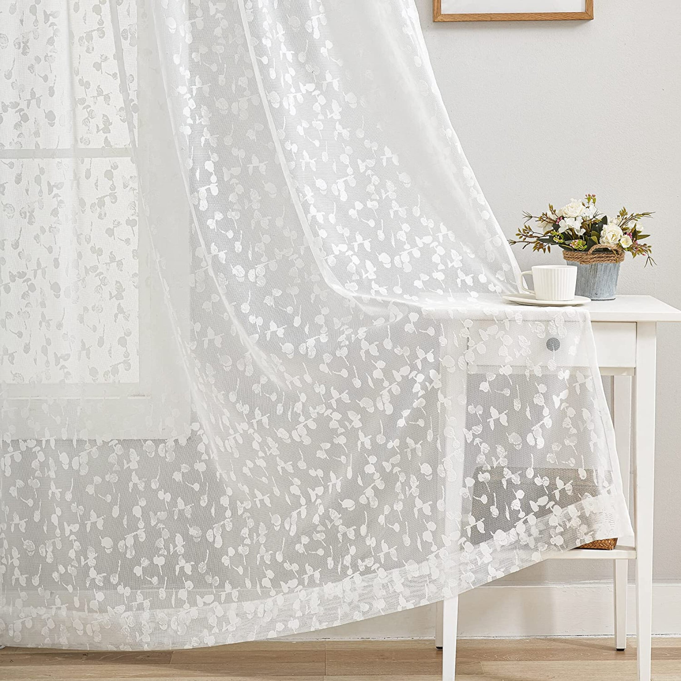 Flowpartex Spring Leaf Buds Embroidered White Lace Sheer Curtains Rod Pocket Voile Winodw Drapes for Bedroom Living Room, 52" W x 95" L 2 Panels