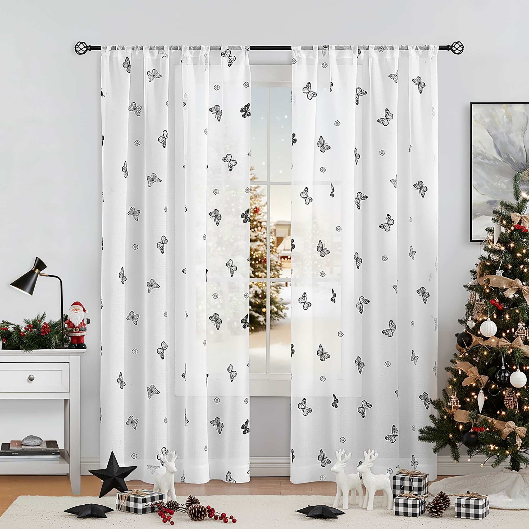 Flowpartex Spring White Sheer Curtain Panels Black Butterfly Pattern Drapes Light Filtering for Girls Kids Bedroom Living Room, Rod Pocket, 54"L×52"W 2 Panels