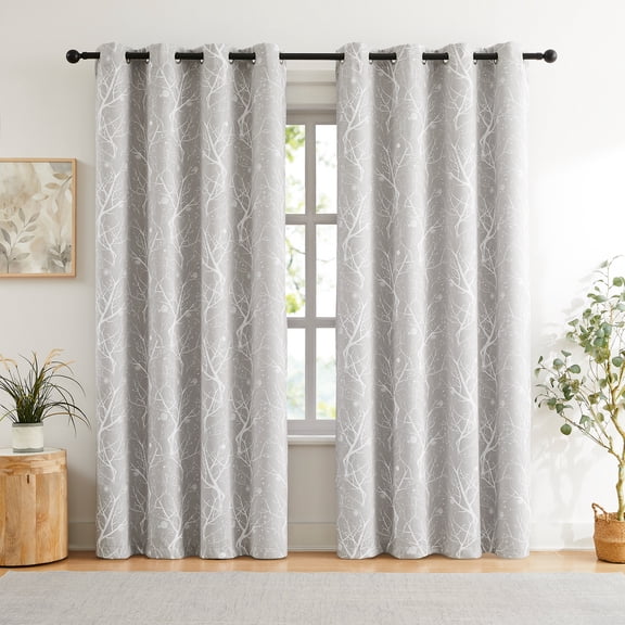 Flowpartex Gray Grommet Drapes, Silver Tree Branches Blackout print Curtains,2 Panels,52"x84"