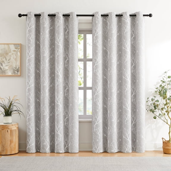 Flowpartex Gray Grommet Drapes, Silver Tree Branches Blackout print Curtains,2 Panels,52"x84"