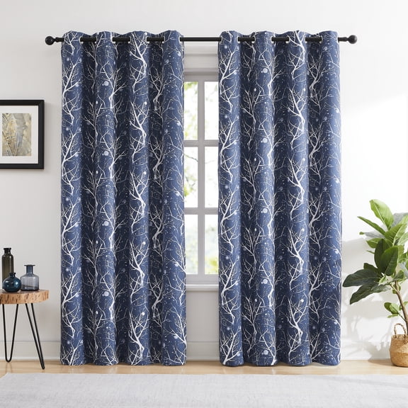 Flowpartex Navy Blue Grommet Drapes, Silver Tree Branches Blackout print Curtains,2 Panels,52"x95"