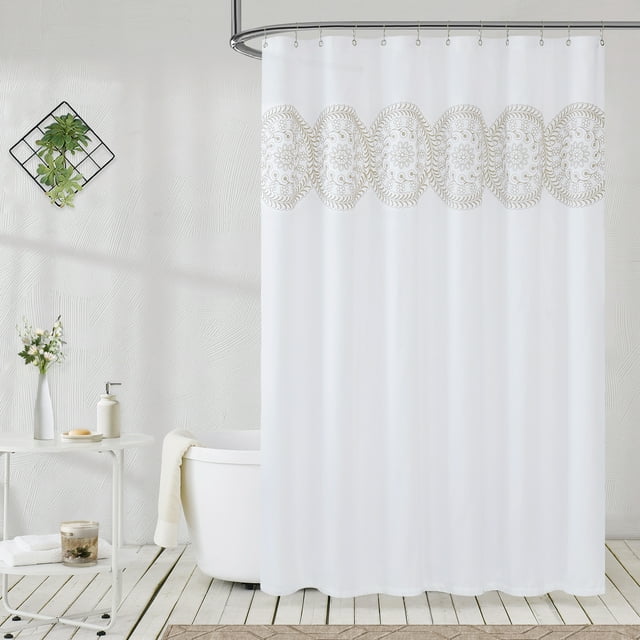 Flowpartex Tan White Embroidery Waterproof Fabric Shower Curtain