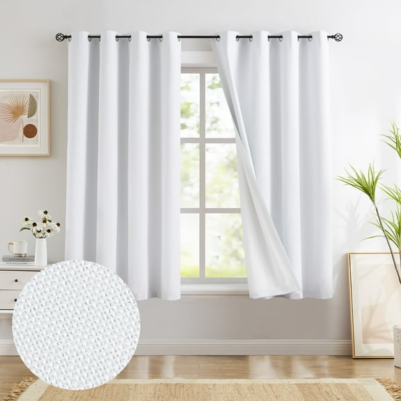 Flowpartex White Full Blackout Window Curtain Panels 2 Pcs for Bedroom Solid 2 Layers 100% Room Darkening Backtab Rod Pocket Drapes, 63"L×54"W
