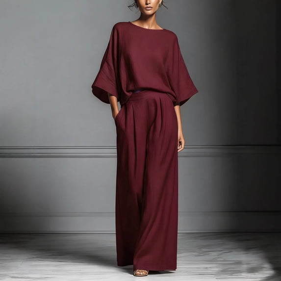 Flowy 2 Piece Sets for Women 3/4 Sleeve Loose Tops Wide Leg Pants Matching Suit for Office Vacation Wear Wine XXL