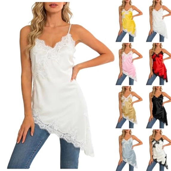 Flowy Asymmetrical Tops for Women Satin Deep V Neck Spaghetti Strap Tank Top Lace Trim Silky Casual Evening Wear Camisole, #03 Beige, XL