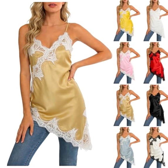 Flowy Asymmetrical Tops for Women Satin Deep V Neck Spaghetti Strap Tank Top Lace Trim Silky Casual Evening Wear Camisole, #03 Champagne, S
