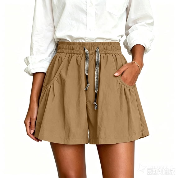 Flowy Athletic Shorts for Women Relaxed Fit High Waisted Tennis Short Workout Running Stretchy Drawstring Short with Pockets Khaki L