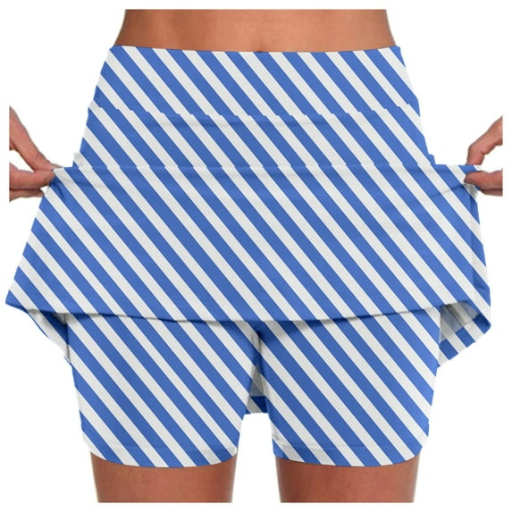 Flowy Athletic Shorts for Women Striped Double Layer Plus Size Skort Tummy Control Slim Fit Butterfly Skorts with Pockets,Blue,XL