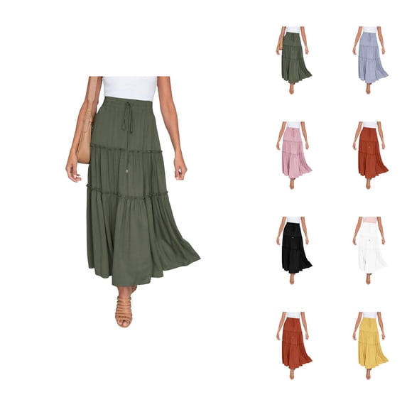 Flowy Boho Maxi Skirts for Women Elastic High Waist A Line Pleated Tiered Flowy Beach Long Skirts