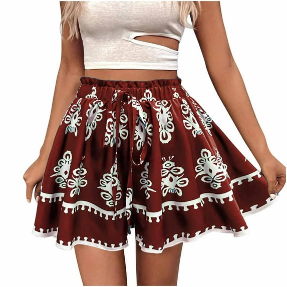 Flowy Boho Shorts for Women Summer Trendy Printed Beach Casual Wide Leg Elastic Waist Short Pants (2XL, Red)