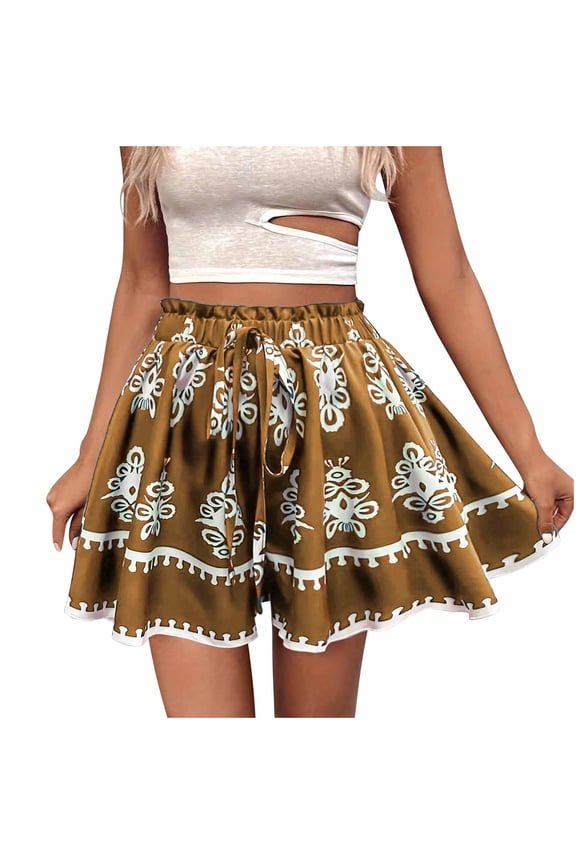 Flowy Boho Shorts for Women Summer Trendy Printed Beach Casual Wide Leg Elastic Waist Short Pants (M, Khaki)