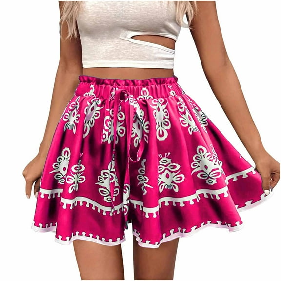 Flowy Boho Shorts for Women Summer Trendy Printed Beach Casual Wide Leg Elastic Waist Short Pants (S, Hot Pink)
