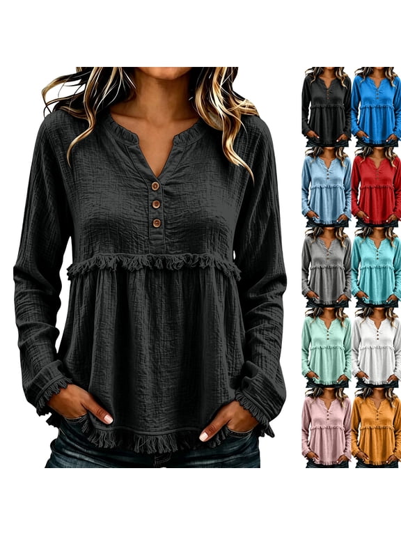 Flowy Boho Tops for Women V Neck Gauze Shirts Fall Vintage Fringe Tops Plus Size Long Sleeve Boho Shirts Loose Fit Classy Bohemian Tops Black 2XL