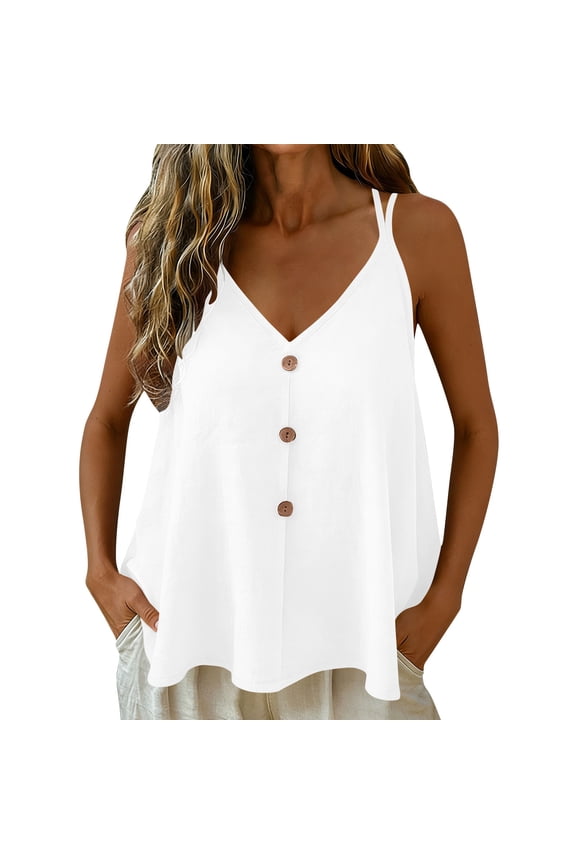 Flowy Button down Cami Tops for Women V Neck Adjustable Spaghetti Strap Backless Undershirts Loose Sleeveless Linen Cotton Fashion Tank Tops L