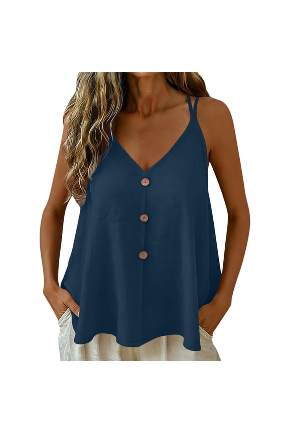 Flowy Button down Cami Tops for Women V Neck Adjustable Spaghetti Strap Backless Undershirts Loose Sleeveless Linen Cotton Fashion Tank Tops M