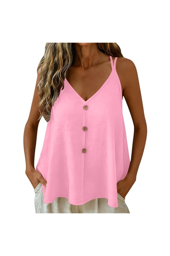 Flowy Button down Cami Tops for Women V Neck Adjustable Spaghetti Strap Backless Undershirts Loose Sleeveless Linen Cotton Fashion Tank Tops XXL