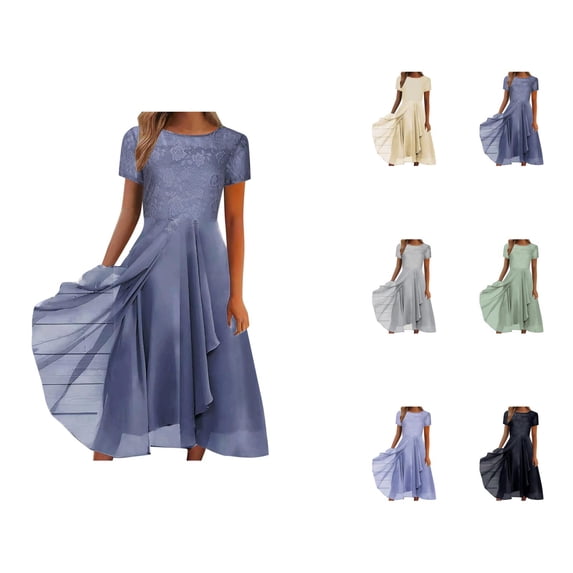Flowy Cocktail Dresses for Women Short Sleeve Crewneck Lace Contrast Chiffon A Line Ruffle Midi Dress Wedding Guest Dress