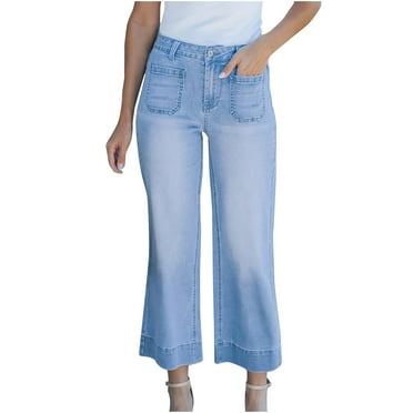 Flowy Denim Pants for Women Summer Trendy Straight Leg Ankle Jeans Loose Fit High Waist Cropped Pants with Pockets
