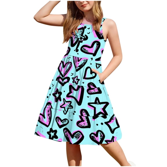 Flowy Dress for Girls, Kids Cute Graphic Sleeveless Dresses Summer Clothes Flutter Hem Sundress 2-12 Years