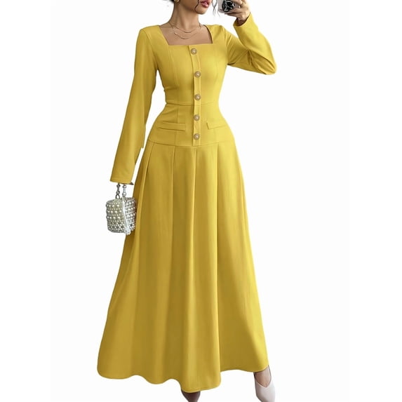 Flowy Dress for Women Square Neck Long Sleeve Dress Yellow S