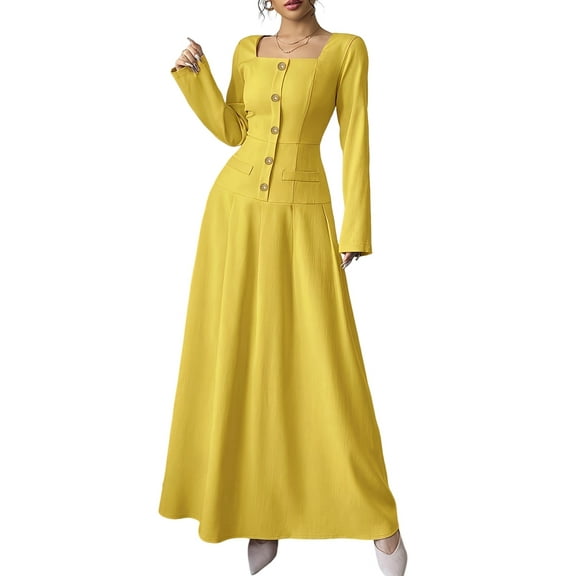 Flowy Dress for Women Square Neck Long Sleeve Dress Yellow XL